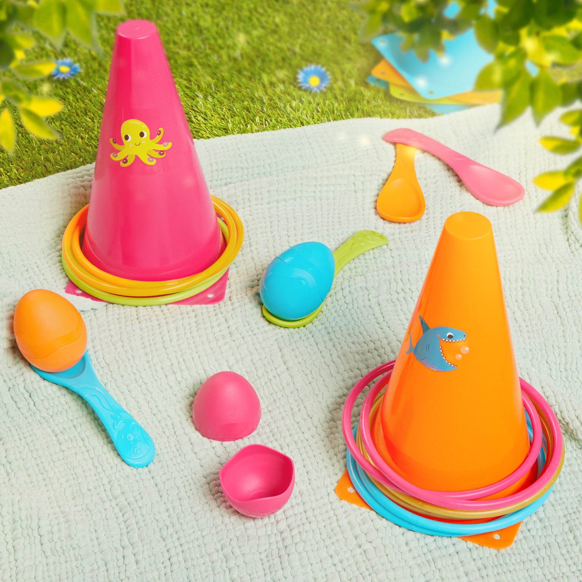 B.toys: RingToss&Egg-and-Spoon Game – zestaw do 2 gier na świeżym powietrzu – obręcze i jajka - obrazek 2