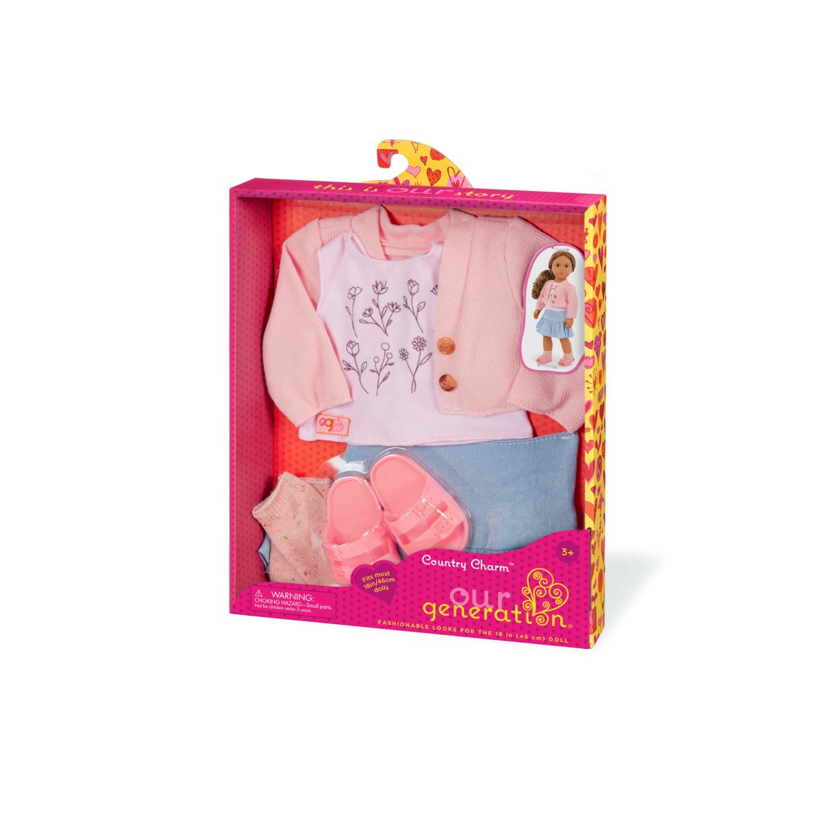 BD30542_PKG Our Generation: zestaw ubranek dla lalek z JEANSOWĄ SPÓDNICZKĄ – Country Charm - obrazek 3