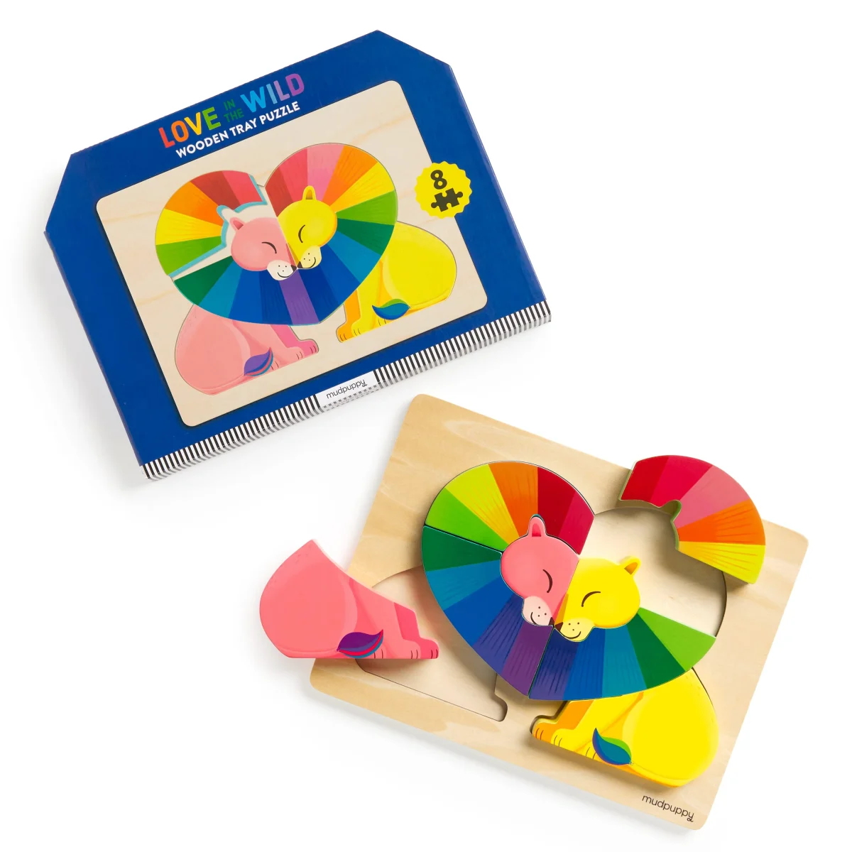 MP_WoodenTrayPuzzle_LoveInTheWild_INT2_9780735380790 Mudpuppy: pierwsze puzzle drewniane 3D Zakochane Lwy 1+ - obrazek 3