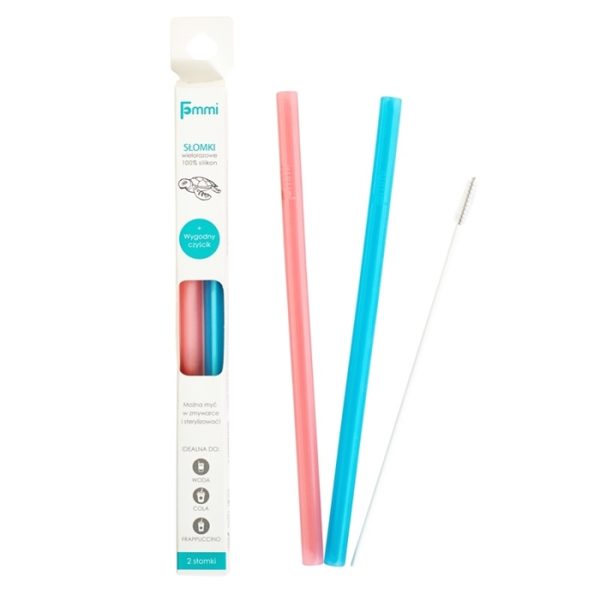 Fommi: silikonowa słomka wielorazowa z czyścikiem Pink/Blue 2 szt.