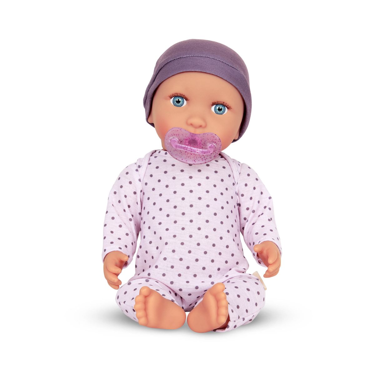 LBY7217-LBY7224_DP_A LullaBaby: lalka NIEMOWLĘ ze smoczkiem, w pidżamce w kropeczki i czapeczce - obrazek 3