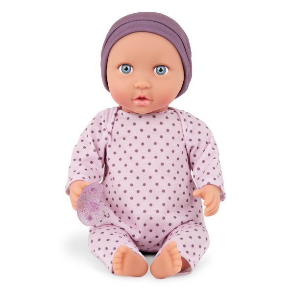 LullaBaby: lalka NIEMOWLĘ ze smoczkiem, w pidżamce w kropeczki i czapeczce