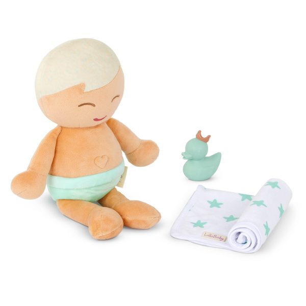 LullaBaby: lalka przytulanka DO KĄPIELI – CHŁOPIEC blondyn z ręczniczkiem