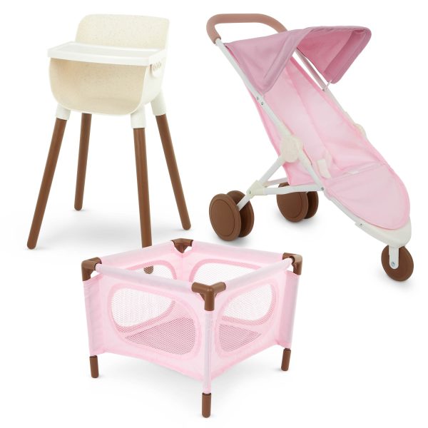 LullaBaby: zestaw dla lalki NIEMOWLAKA – krzesełko do karmienia, kojec i spacerówka