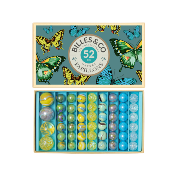 Billes & Co: Szklane kulki NIEBIESKIE MOTYLE / 52 el.
