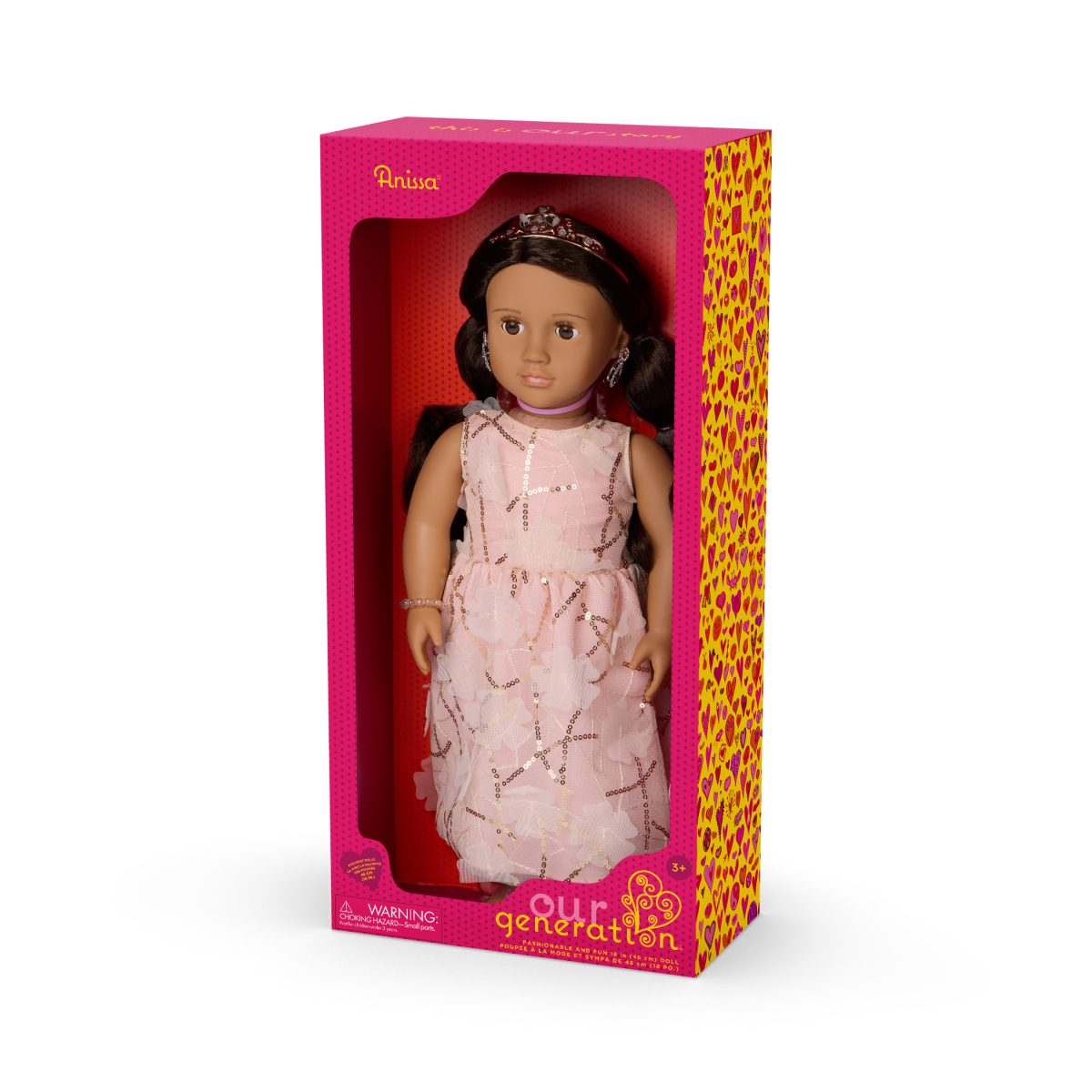 Our Generation: Lalka ANISSA 46cm – w kreacji na wyjątkową okazję, PRZEBITE USZY i kolczyki - obrazek 3