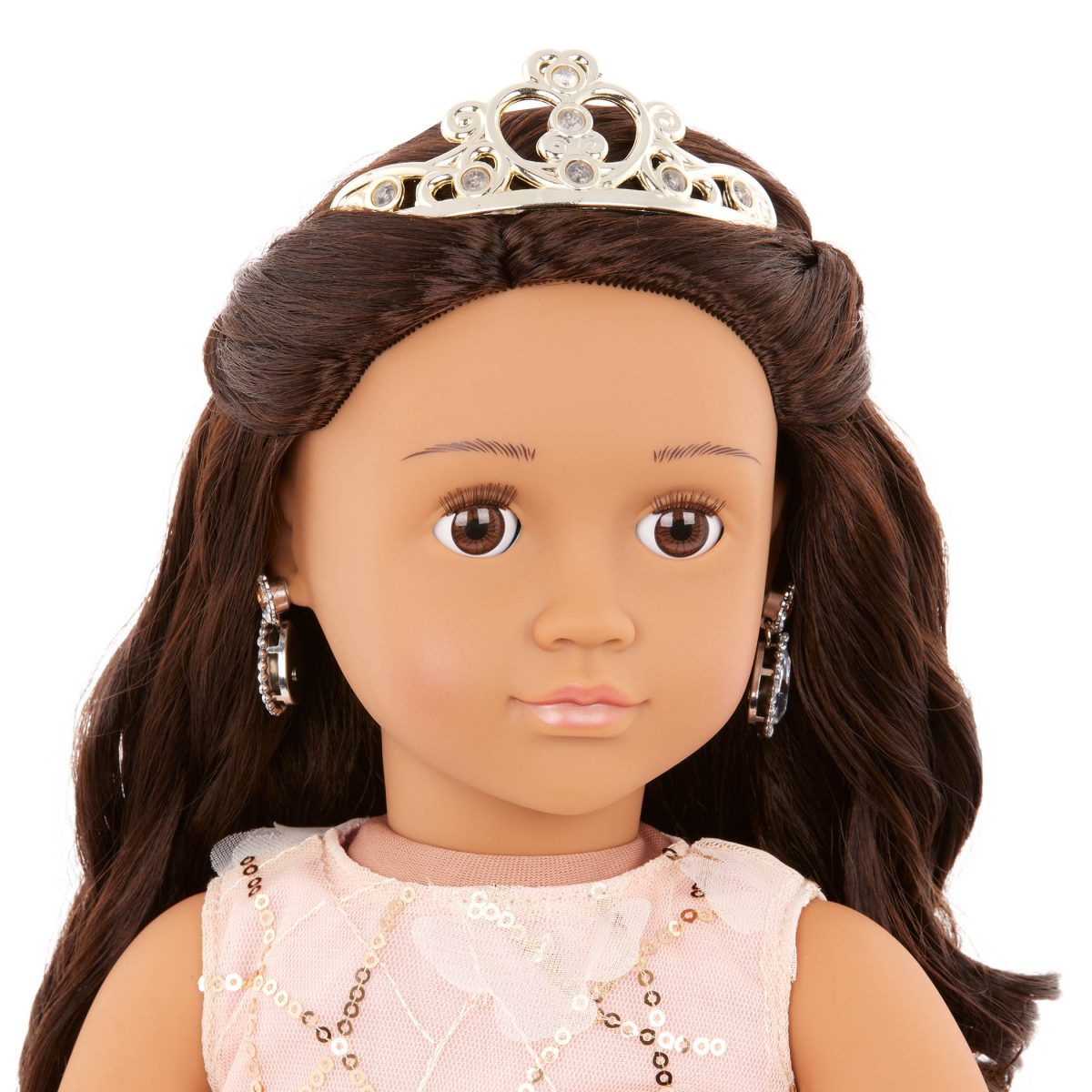 Our Generation: Lalka ANISSA 46cm – w kreacji na wyjątkową okazję, PRZEBITE USZY i kolczyki - obrazek 2