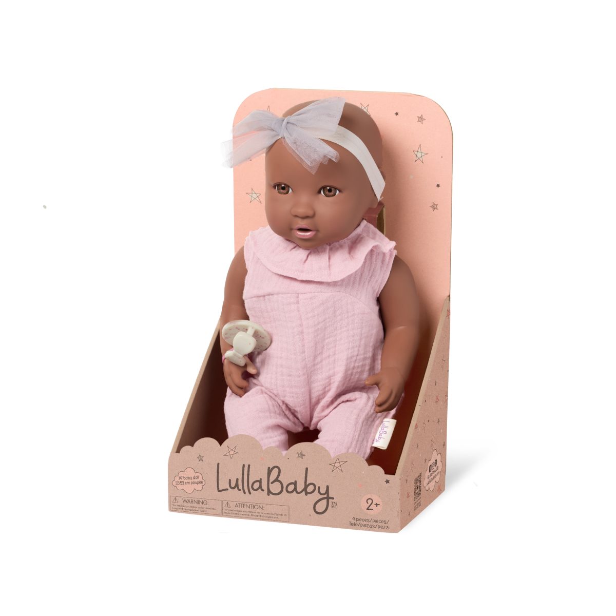 LBY7268Z_PKG LullaBaby: Lalka NIEMOWLĘ ze smoczkiem, w muślinowym ubranku i opasce - obrazek 4