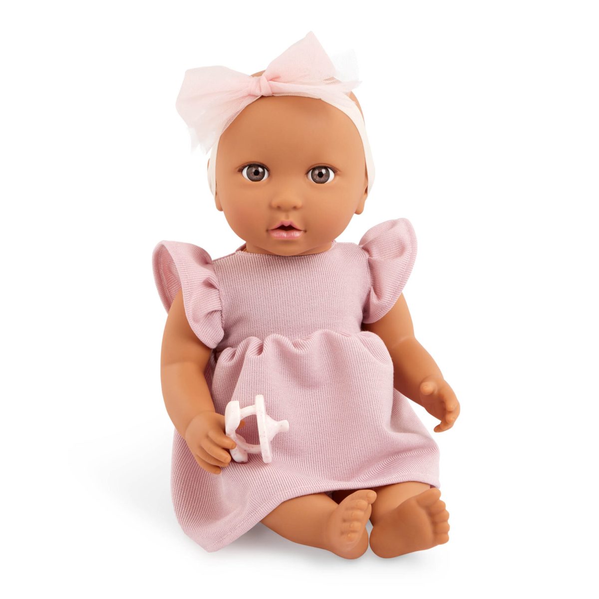 LullaBaby: Lalka NIEMOWLĘ ze smoczkiem, w sukience i opasce - obrazek 1
