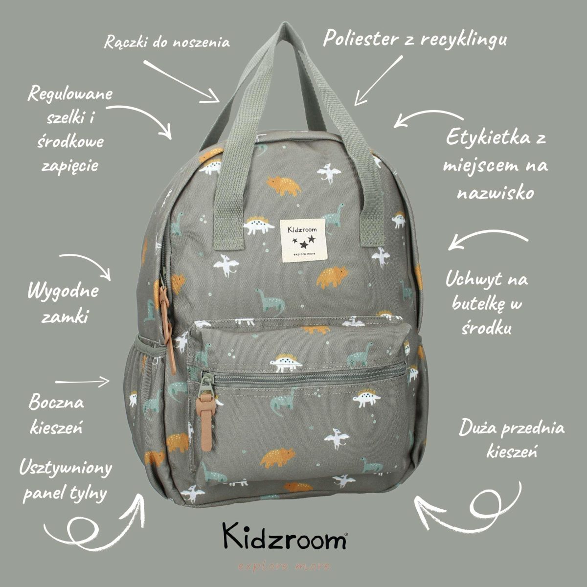KIDZROOM: Plecak dla dzieci L Dino Green - obrazek 3