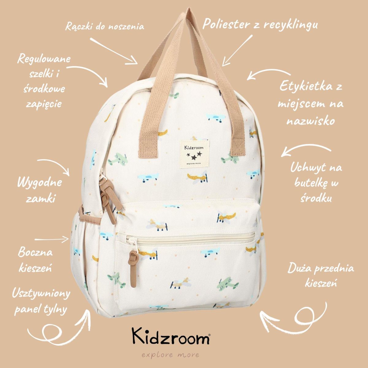 KIDZROOM: Plecak dla dzieci L Aeroplane Beige - obrazek 3