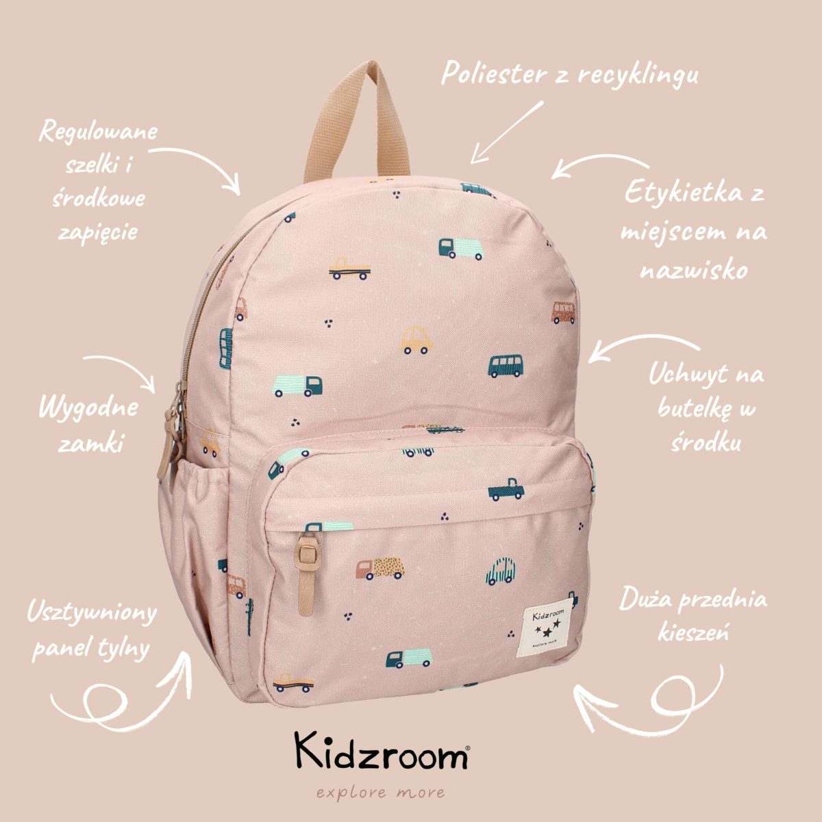 KIDZROOM: Plecak dla dzieci L Sweet Cars brown - obrazek 2