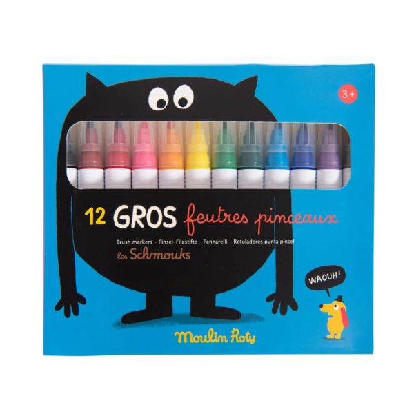 Moulin Roty: zestaw 12 dużych markerów pędzelkowych LES SCHMOUKS