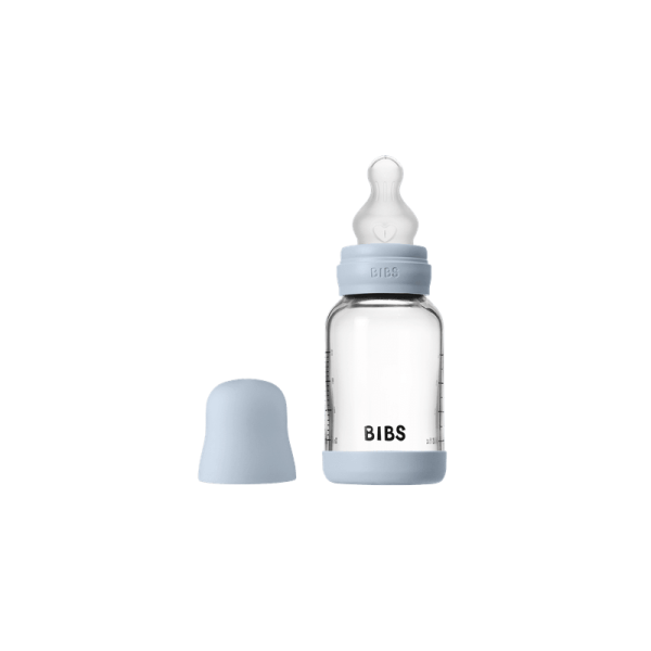 BIBS: antykolkowa butelka szklana 120ml smoczek silikon BABY BLUE
