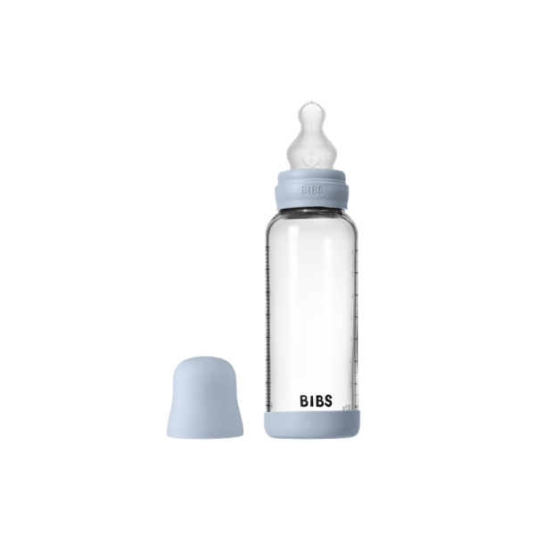 BIBS: antykolkowa butelka szklana 240ml smoczek silikon BABY BLUE