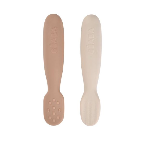 Beaba: zestaw 2 silikonowych pierwszych łyżeczek-gryzaków praline/clay