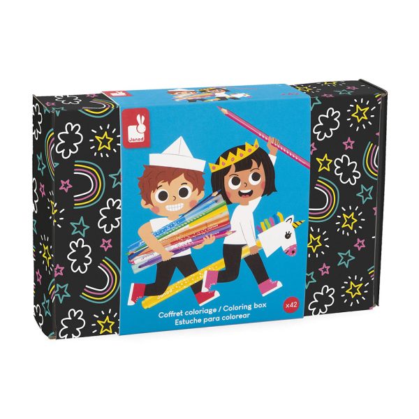 Janod: zestaw przyborów do kolorowania kredki flamastry Coloring box 42 el. 3+