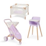LullaBaby: zestaw dla lalki NIEMOWLAKA – krzesełko do karmienia, kojec i spacerówka LILA