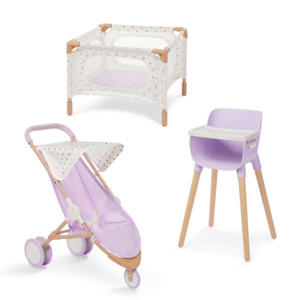 LullaBaby: zestaw dla lalki NIEMOWLAKA – krzesełko do karmienia, kojec i spacerówka LILA