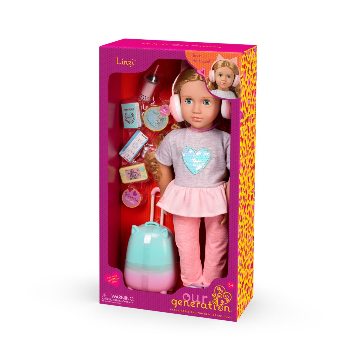 BD31709_PKG Our Generation: lalka LINZI 46cm – PODRÓŻNICZKA, z walizką i akcesoriami - obrazek 5