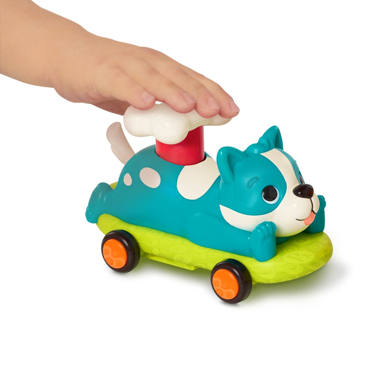 BX3316_DP_H_HS b.toys: PawMobiles – AUTKO ZWIERZAK, z NAPĘDEM (push&go) PIESEK TURKUSOWY - obrazek 2