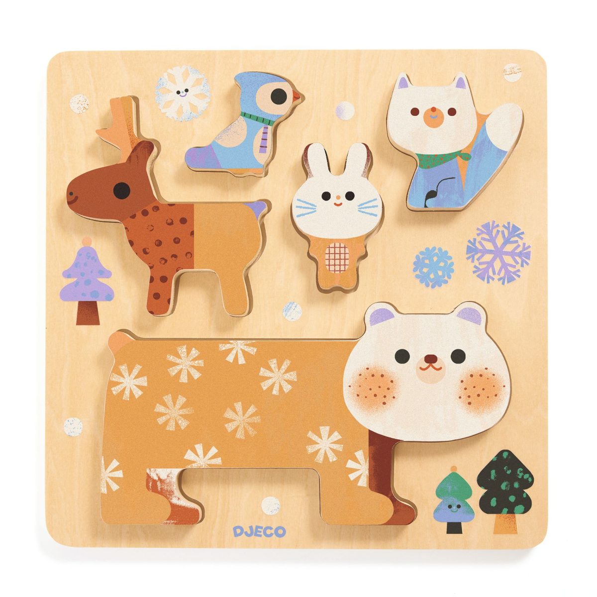 DJ01090-C-RVB Djeco: Drewniane puzzle ZWIERZĄTKA ZIMĄ 12m+ - obrazek 3
