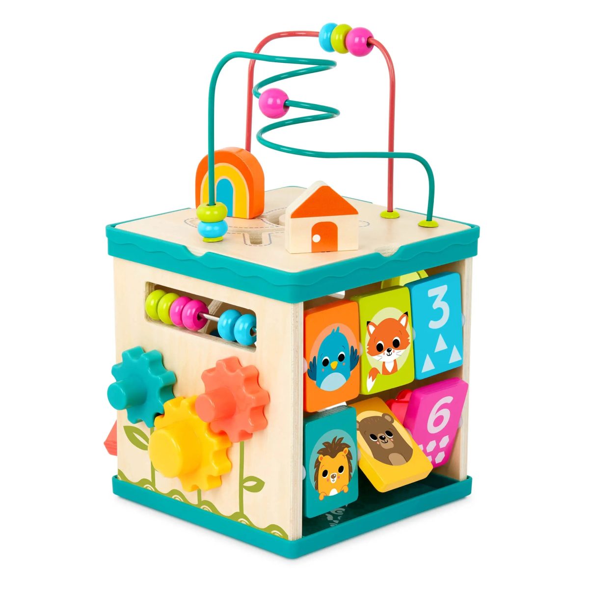 B.TOYS: Lil’ Learning Cube – drewniana kostka edukacyjna z sorterem, labiryntem i książeczką - obrazek 1