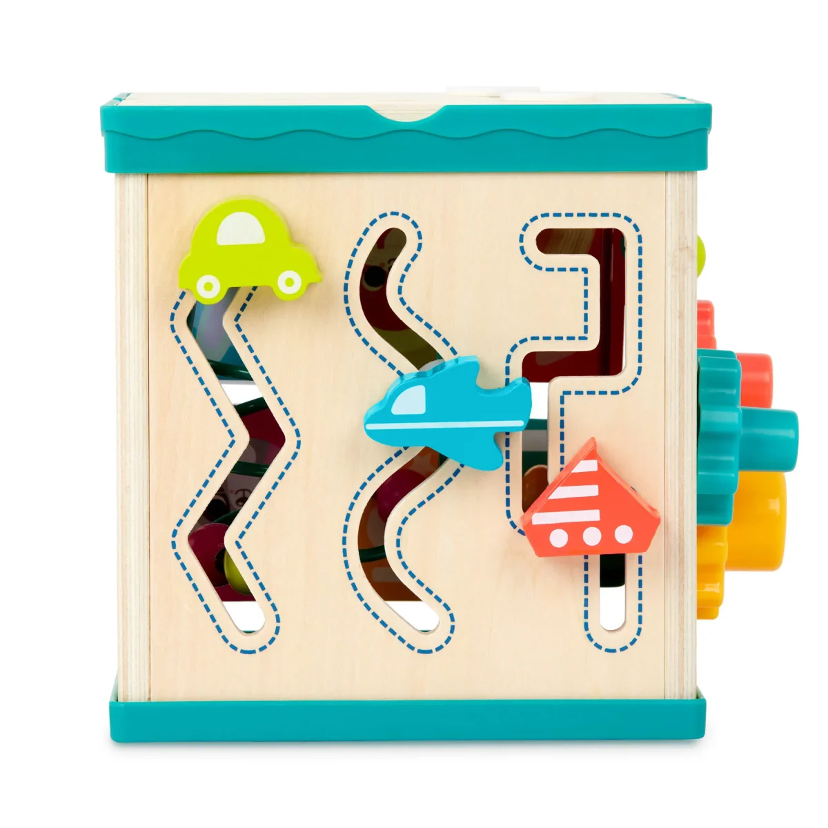 B.TOYS: Lil’ Learning Cube – drewniana kostka edukacyjna z sorterem, labiryntem i książeczką - obrazek 5