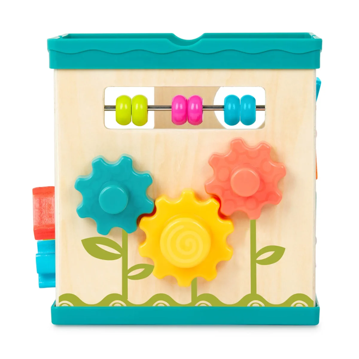 B.TOYS: Lil’ Learning Cube – drewniana kostka edukacyjna z sorterem, labiryntem i książeczką - obrazek 11