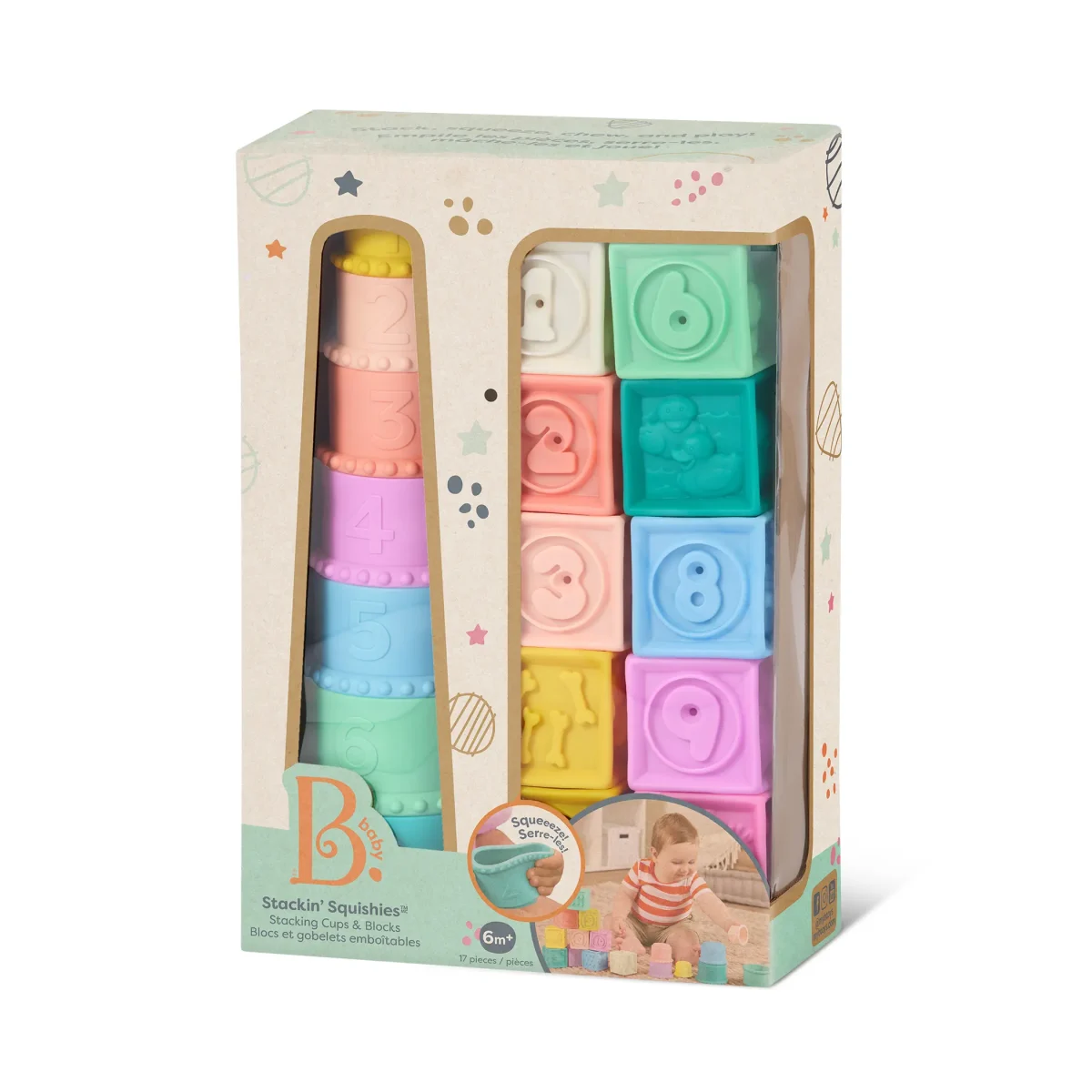 B.TOYS: miękkie kubeczki i klocki sensoryczne 2w1 Stackin’ Squishies - obrazek 3