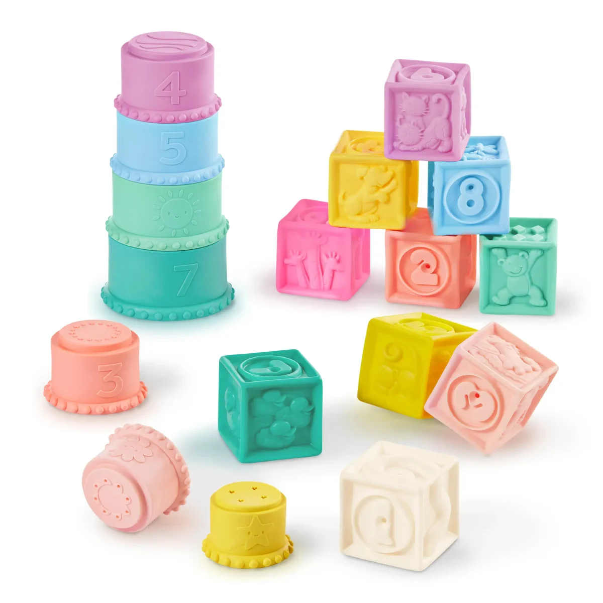 B.TOYS: miękkie kubeczki i klocki sensoryczne 2w1 Stackin’ Squishies - obrazek 1
