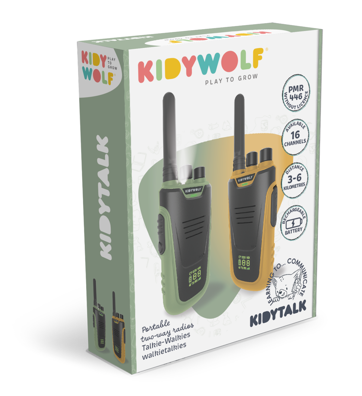 KIDYTALK-GO-Pack3D Kidywolf: Kidytalk walkie-talkie dalekiego zasięgu dla dzieci zielono-pomarańczowe - obrazek 2