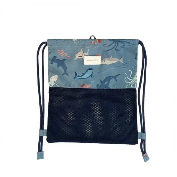 Play&Store: worek/plecak plażowy z siateczkowym dnem Sharks Blue