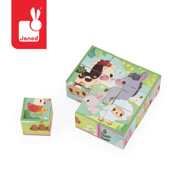 Janod: klocki układanka 6w1 kostki 9 el. Farma 2+