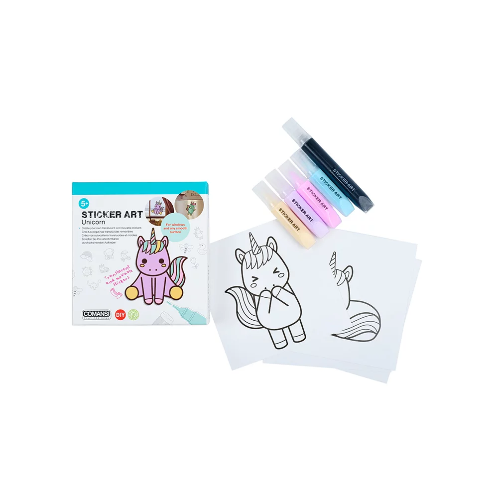 Sticker-art-1 COMANSI: zestaw kreatywny z żelowymi pisakami do tworzenia naklejek Sticker Art - jednorożce - obrazek 1