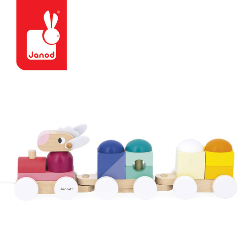 Janod Pociąg drewniany z klockami i zwierzątkami do ciągnięcia Zigolos 12m+