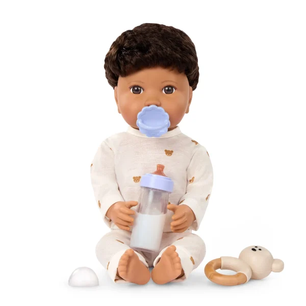 LullaBaby: Lalka NIEMOWLĘ – CHŁOPIEC z WŁOSAMI i butelką z efektem mleka 2+