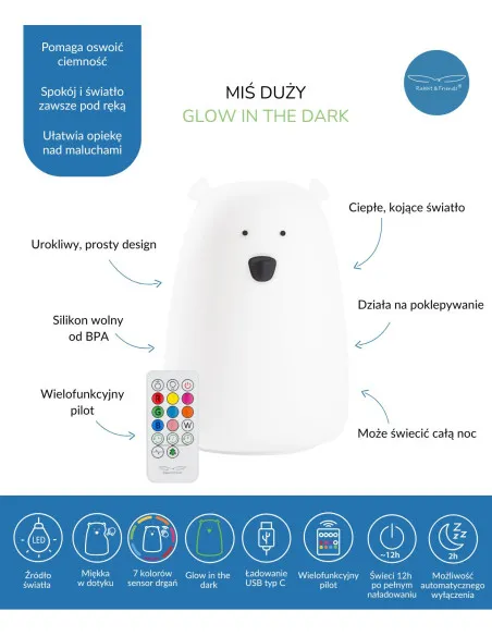 Rabbit & Friends: Miś Duży, Świecący w Ciemności, Lampka Silikonowa z Pilotem - obrazek 4