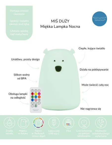 Rabbit & Friends: Duży Miś Lampka silikonowa z pilotem, Mięta - obrazek 2