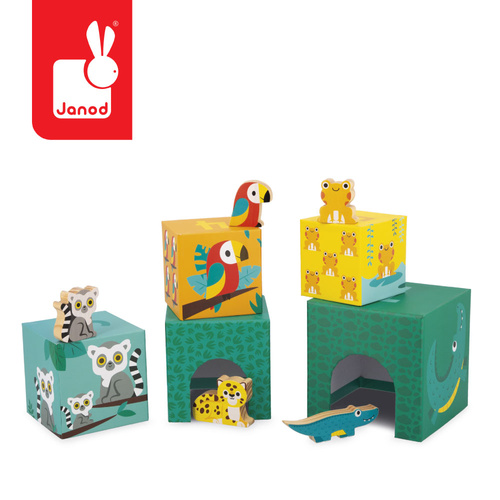 Janod Piramida wieża 5 kostek z drewnianymi figurkami Tropik 12m+