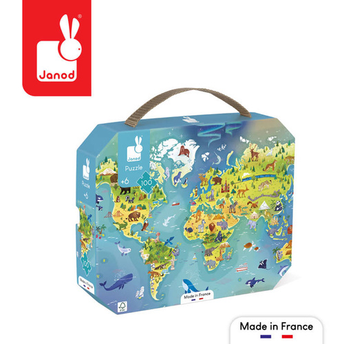 Janod: Puzzle w walizce Mapa świata 100 el. 6+ Made in France