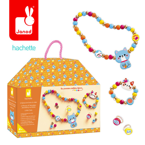 Janod Zestaw kreatywny do tworzenia drewnianej biżuterii Małe kotki 4+